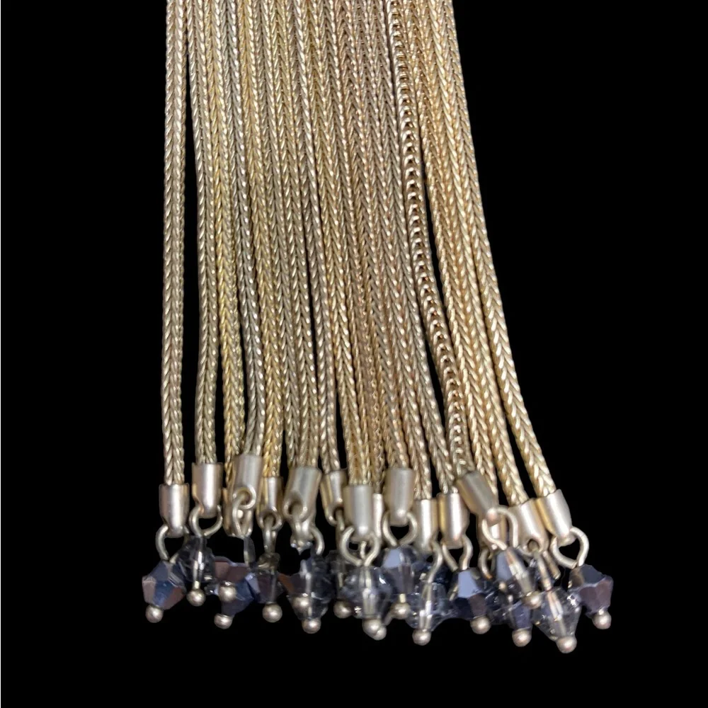 Chico's Gold Tone oval pendant Rhinestone long fringe necklace_6